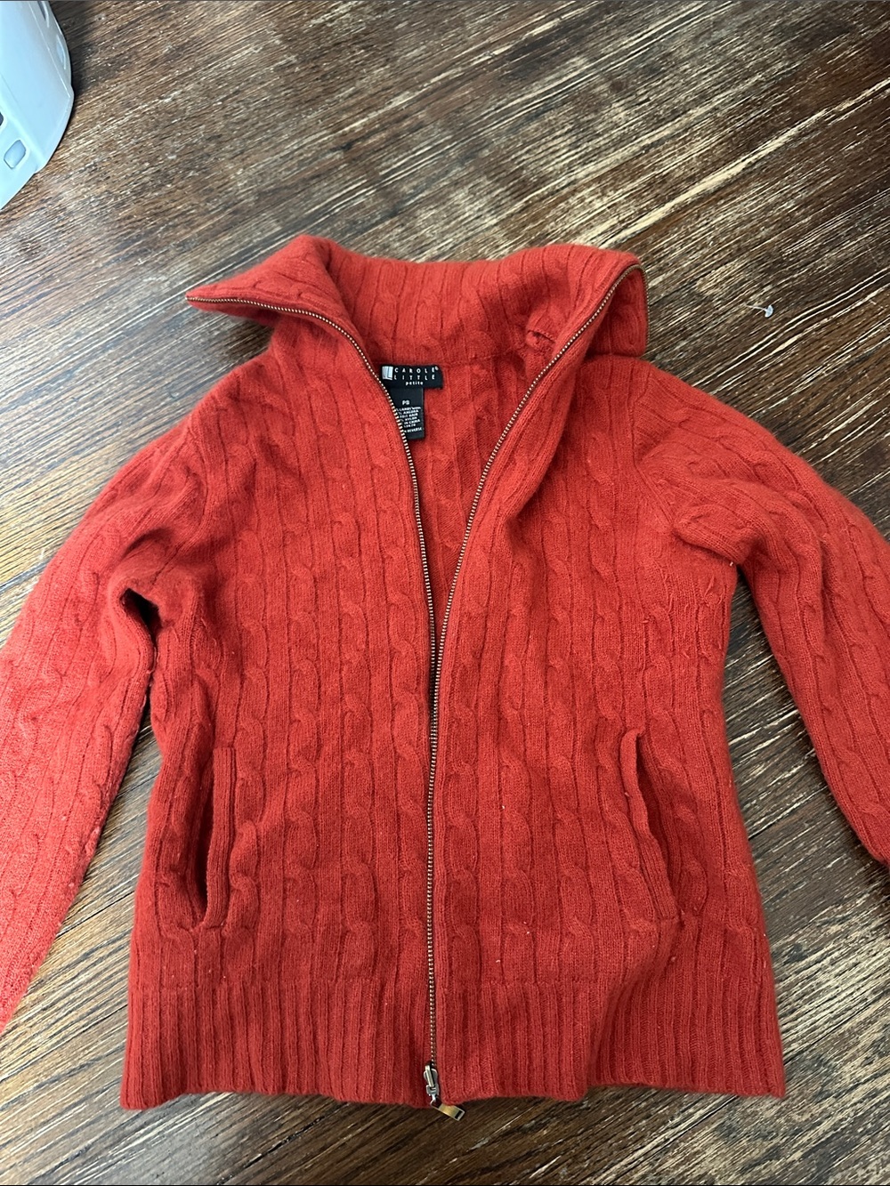 Carole Little Cable-Knit Zip Front Cardigan in Rust